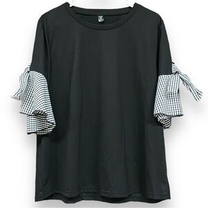Elegant Black Top with Gingham Ruffle Sleeves 3X